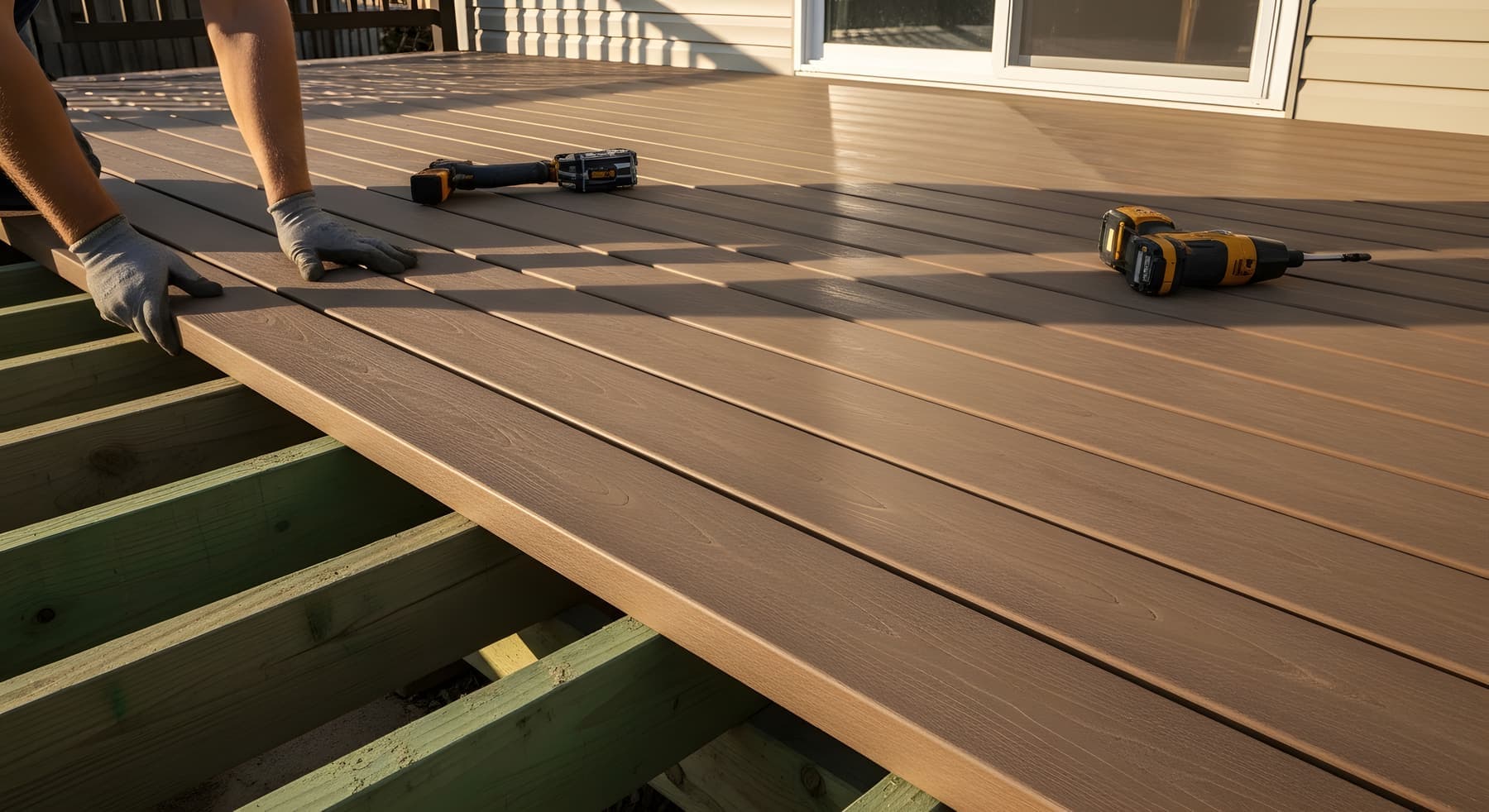 Decking boards being fastened over new joists