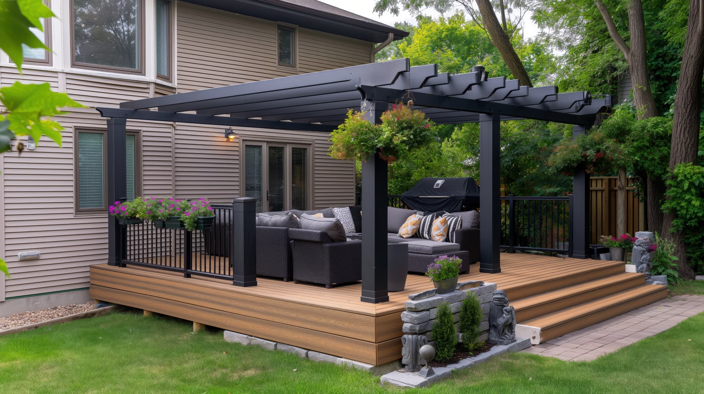 New deck with a black pergola and outdoor seating behind a home