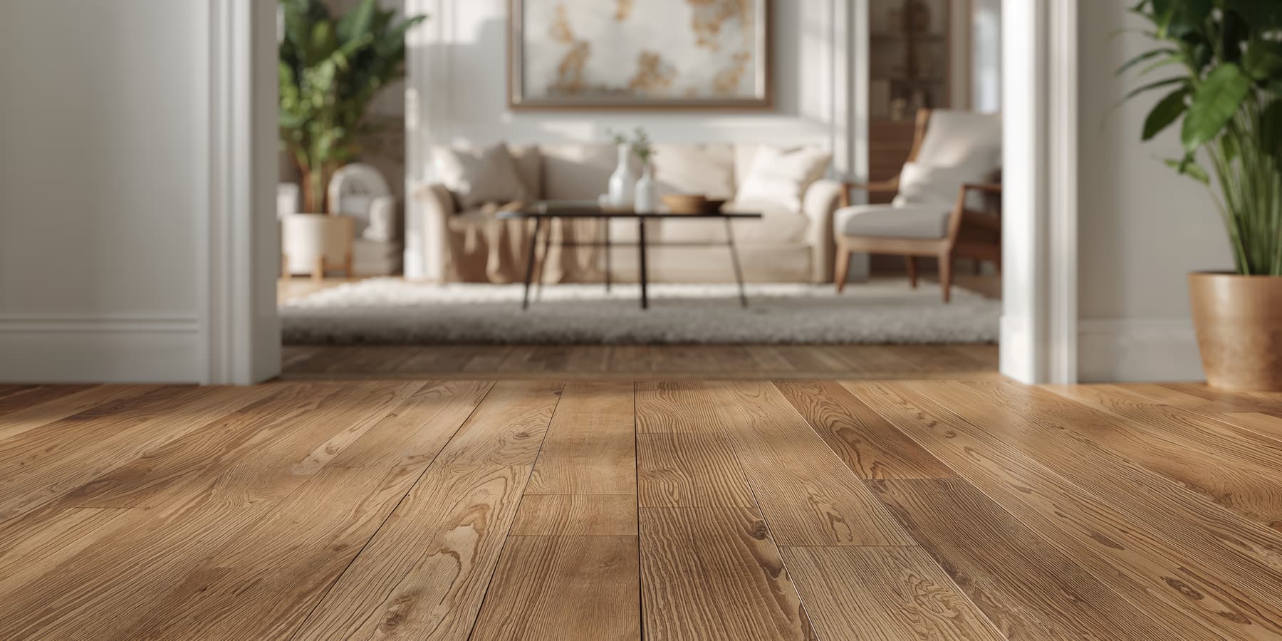 Wide-plank wood floor running into a bright living room