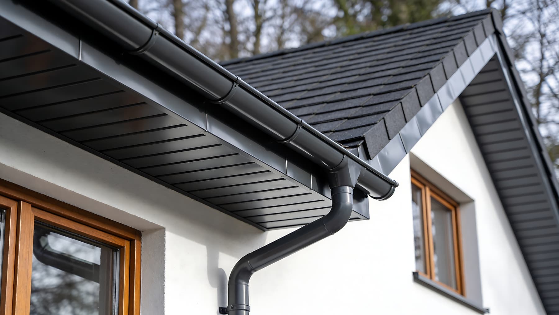 Dark gutter and downspout under a shingle roof