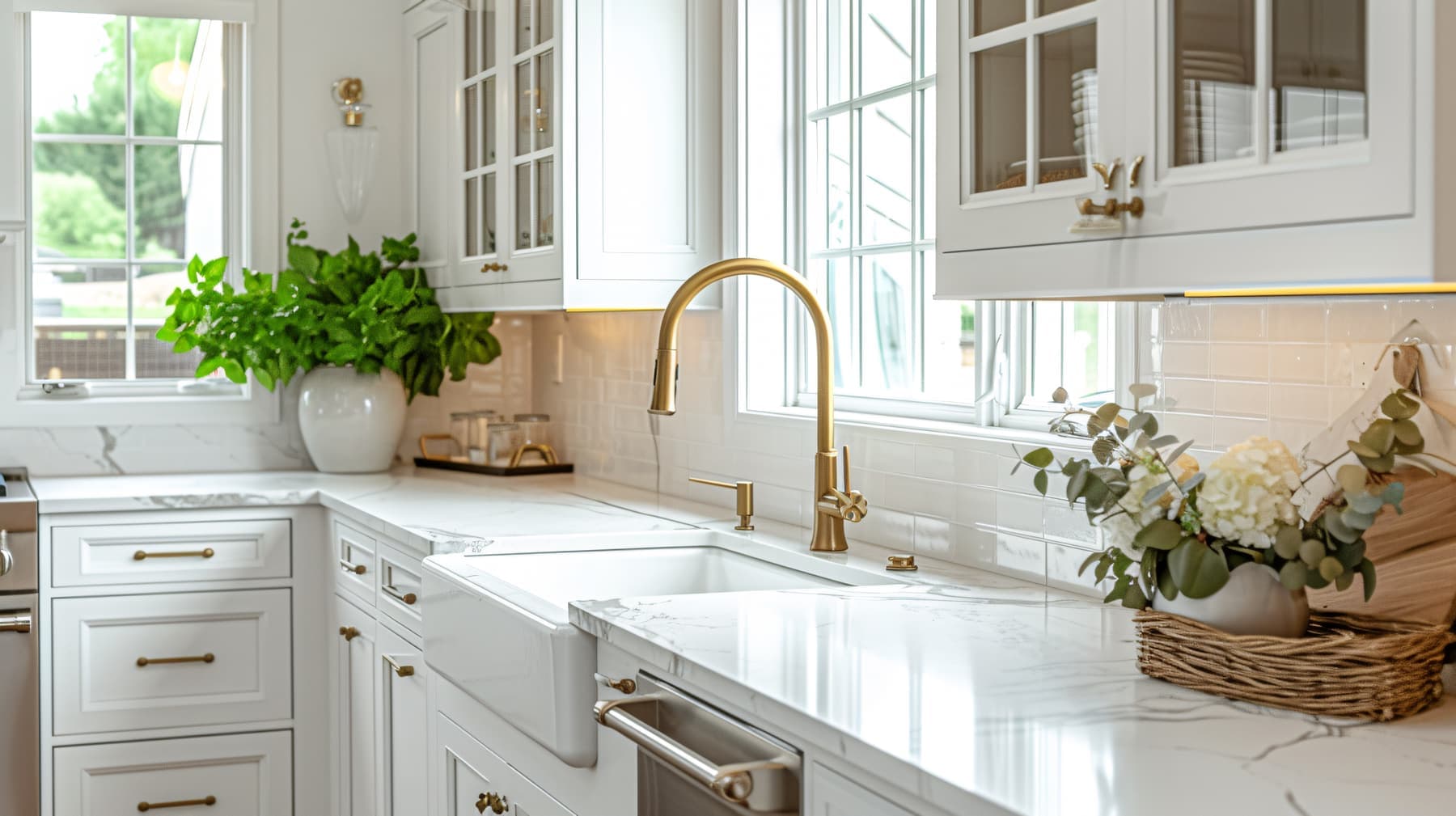 White kitchen with a farmhouse sink and brass faucet