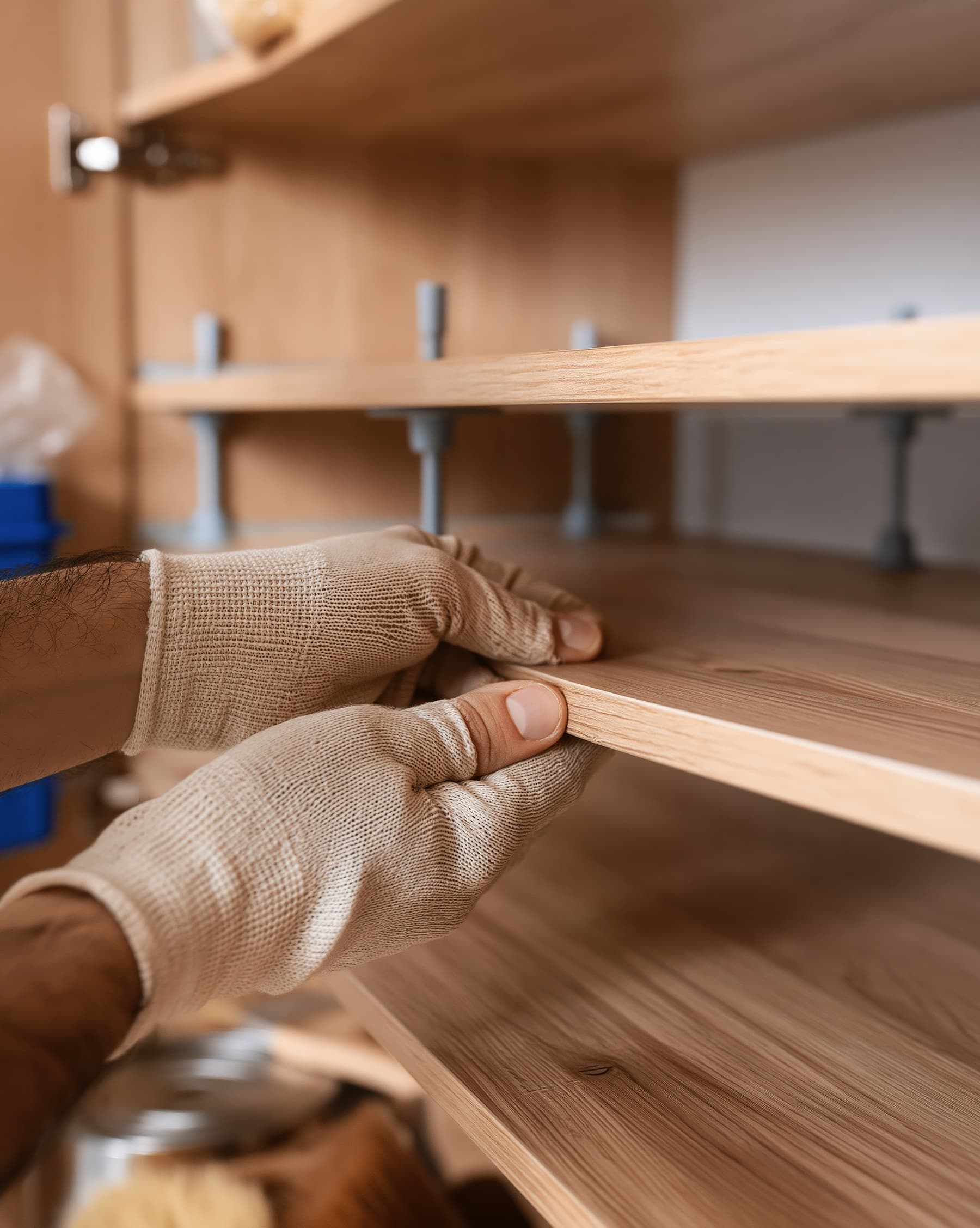 Gloved hands fitting a wood shelf board
