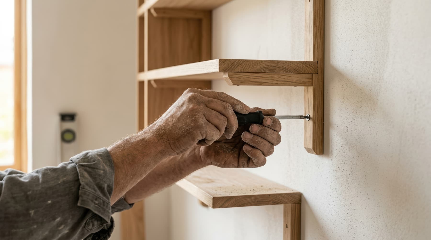 Installing wall shelves with a screwdriver
