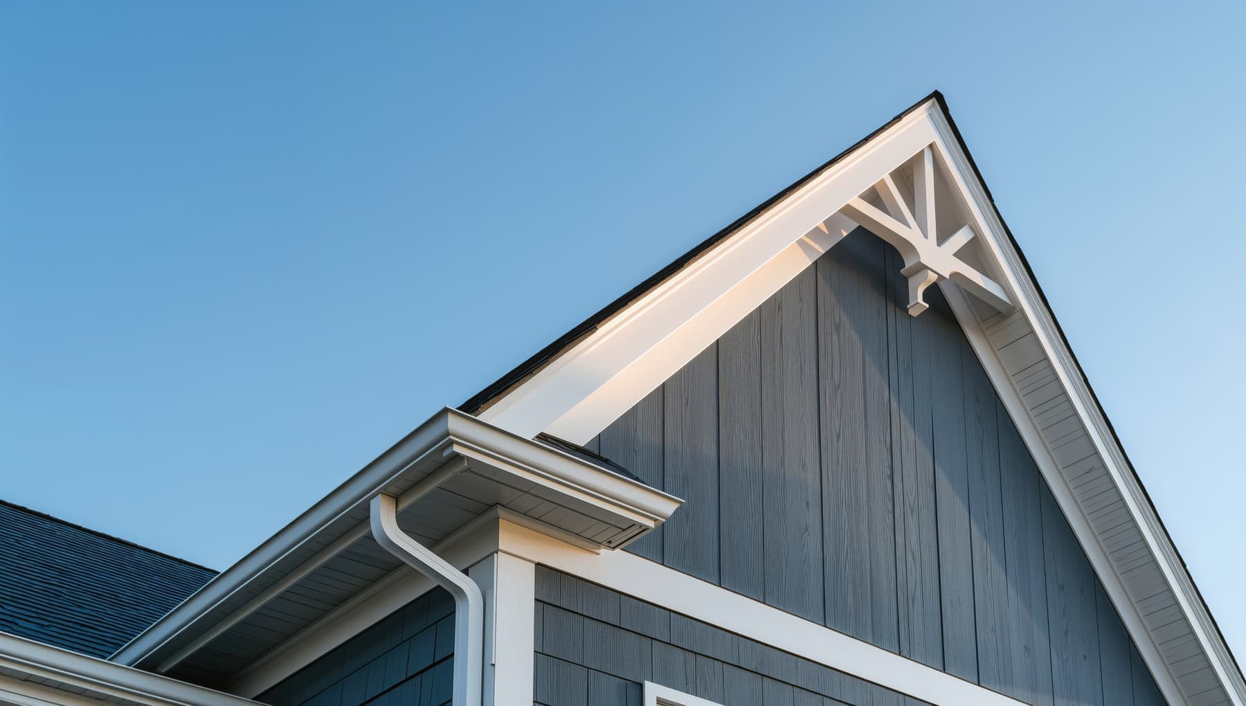 Blue board-and-batten gable with crisp white trim