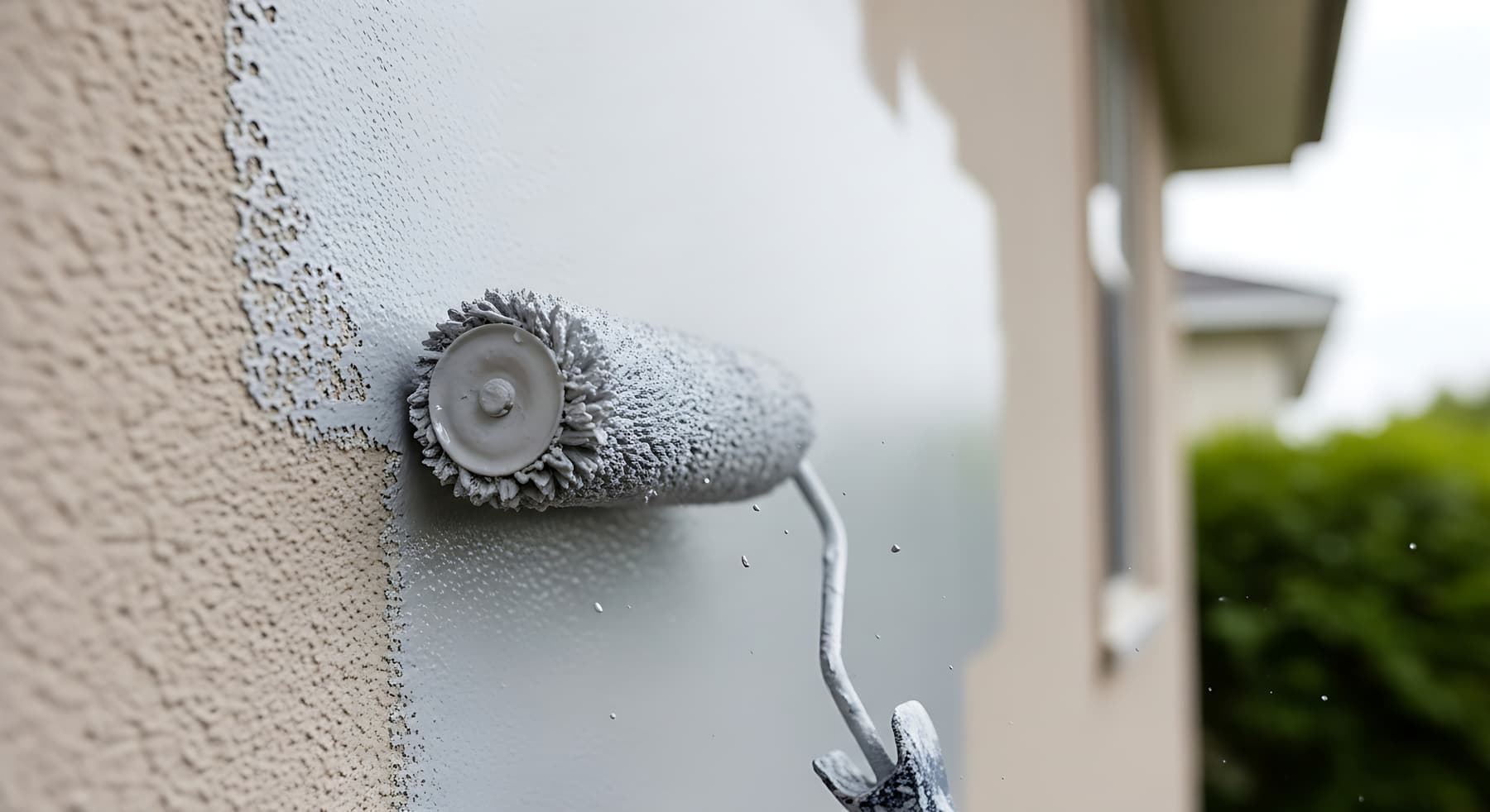 Roller applying fresh paint to textured exterior siding