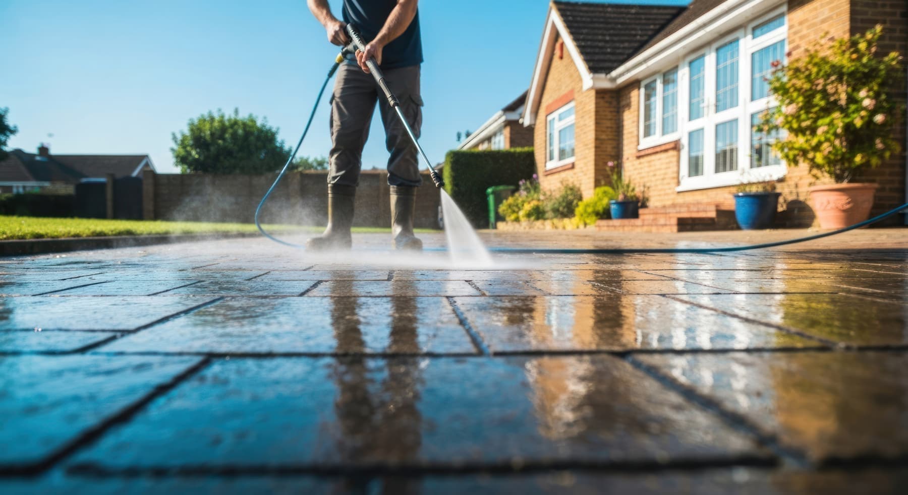 Pressure washing a paver patio in front of a brick home