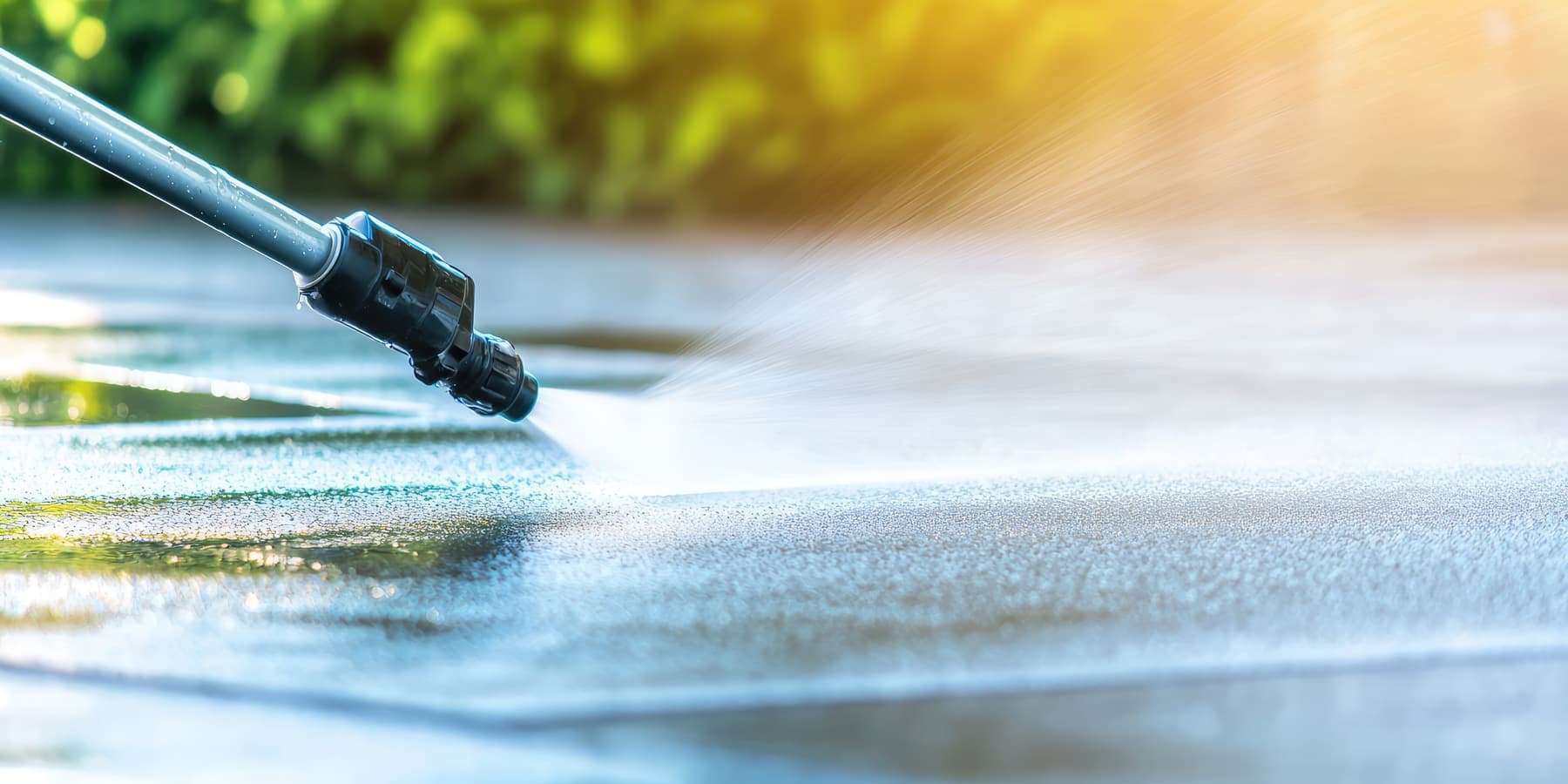 Close-up of a pressure washer wand spraying concrete