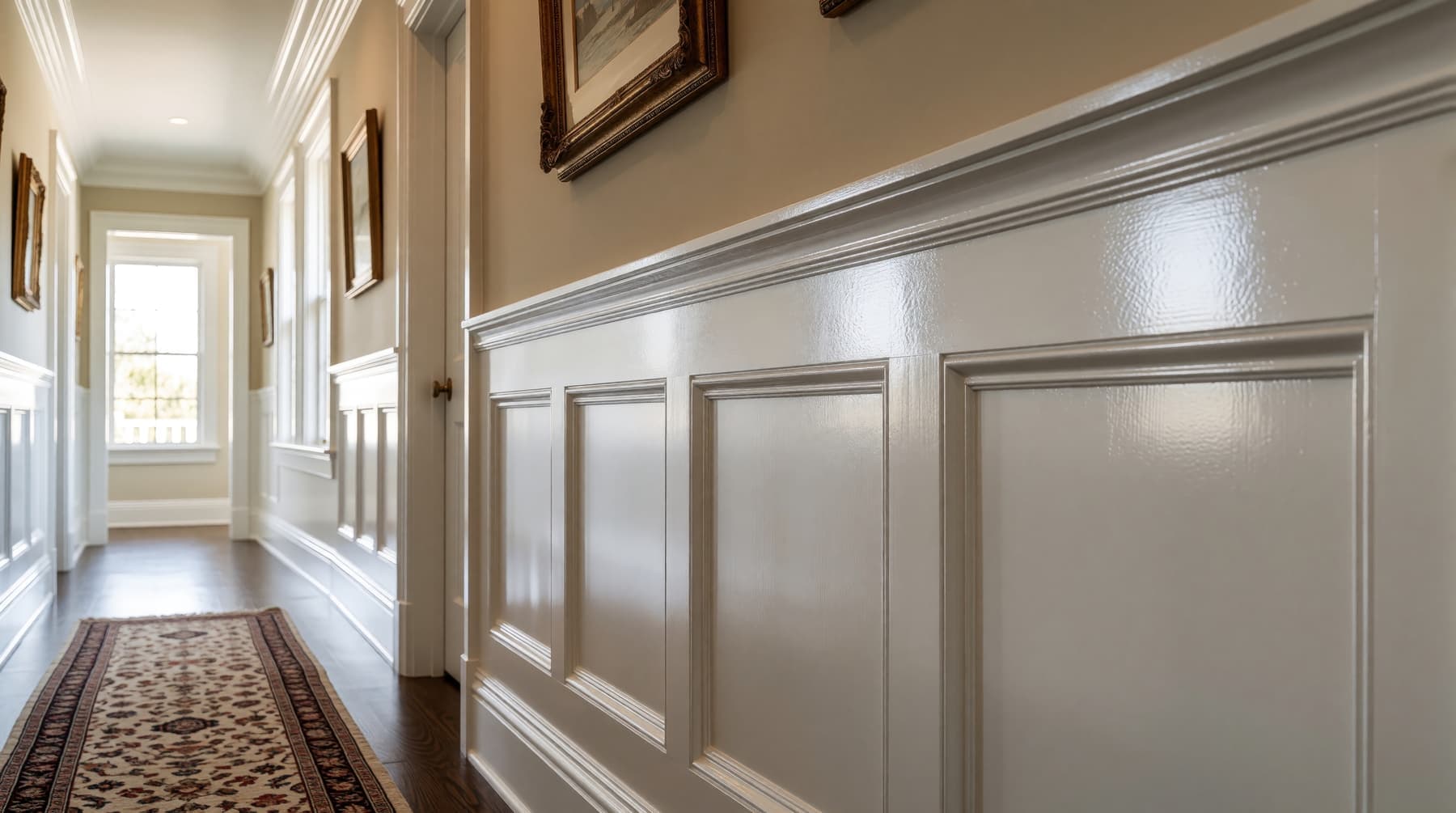 Hallway with painted wainscoting panels and chair rail